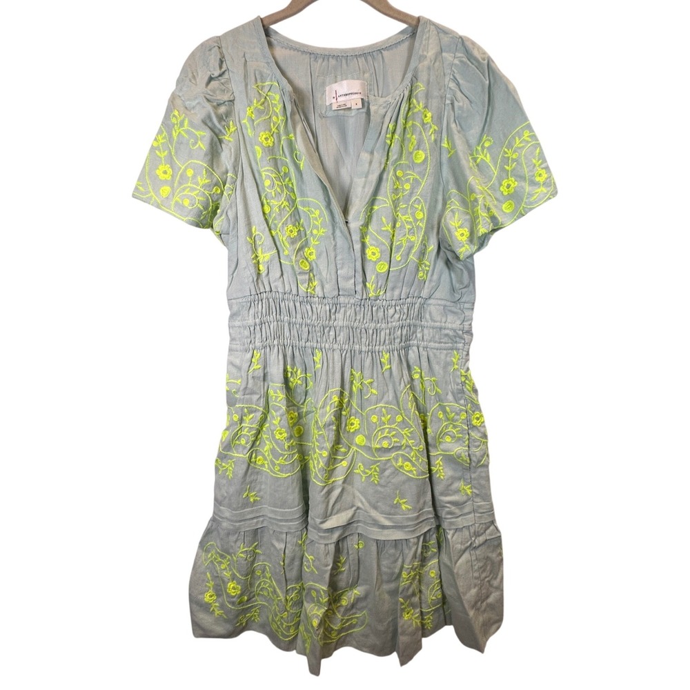Anthropologie Somerset blue Neon Yellow Embroidered Smocked Mini Dress Small